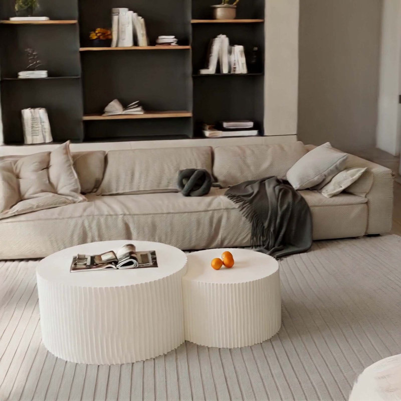 Vertical Stripe Design Nesting Coffee Table Set, Beige