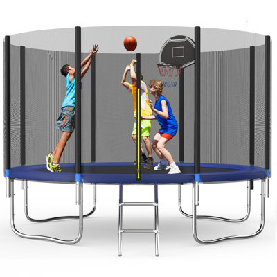 Trampoline d'extérieur rond 12 pi avec filet de sécurité SENCHO GINSYTALIOR 12 pi, capacité de 800 lb, panier de basketball et échelle, trampoline de jardin robuste pour enfants et adultes