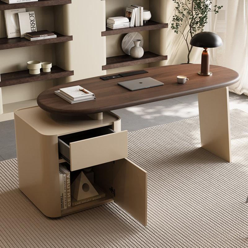 Bureau en bois manufacturé courbé brun noisette + beige avec 1 tiroir, H 29,53 po x l 78,74 po x P 31,5 po