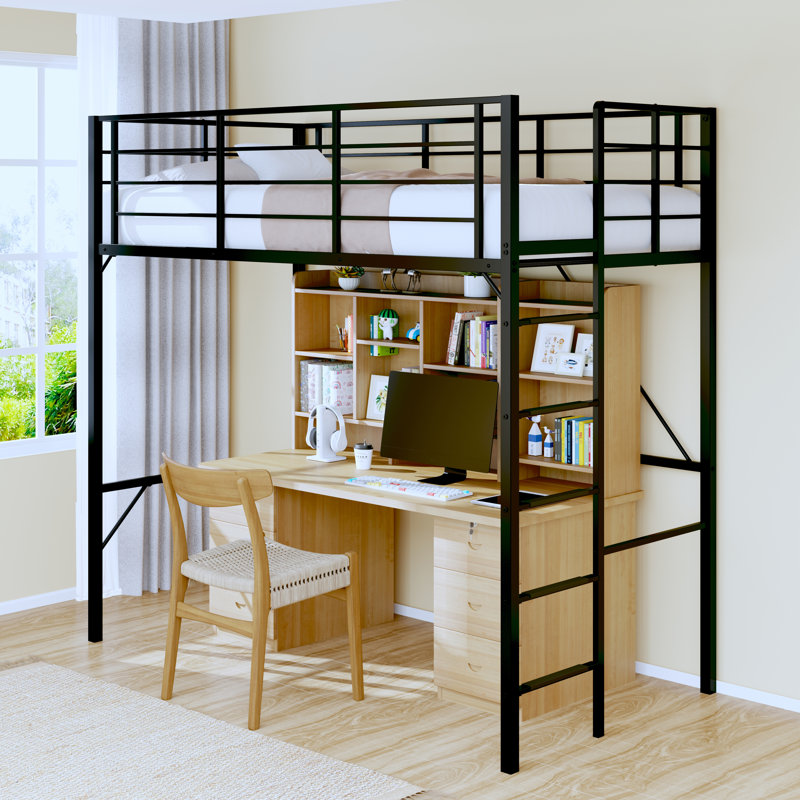 Metal Twin Size Loft Bed with 18" High Guardrail, Removable Ladder, Space-Saving, Noise Free, No Box Spring Needed, Black