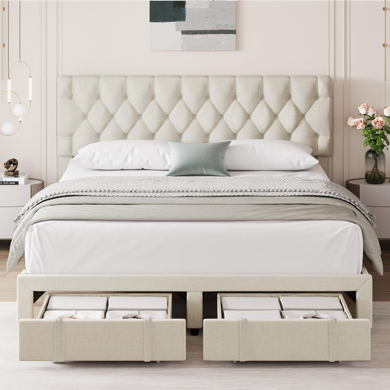 Bed Frame With 2 Storage Drawers, Upholstered Platform Bed Frame, Beige, King