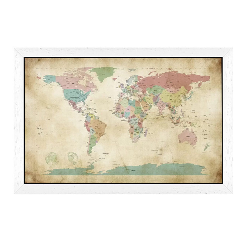 World Cities Map by Michael Tompsett - Wrapped Canvas Print, 66.04 cm H x 45.72 cm W x 3.175 cm D, White Framed