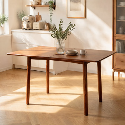 Table de salle à manger extensible en bois d'hévéa massif avec rallonge rabattable, table rectangulaire pliable de style milieu du siècle pour petits espaces, finition noyer