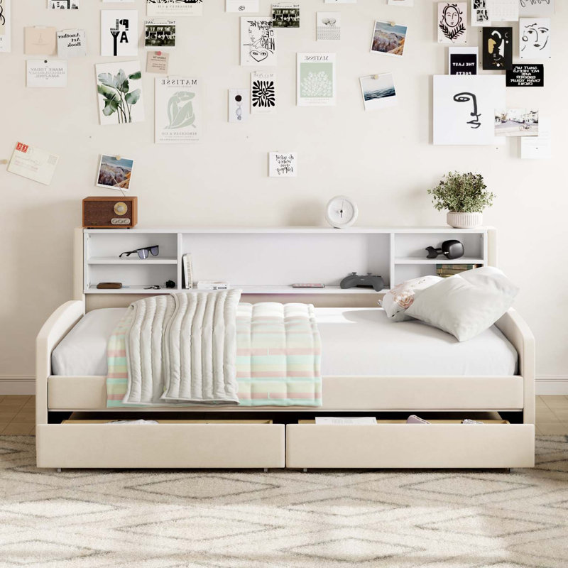 Twin size Upholstered Platform Bed with Storage and Drawers, Beige