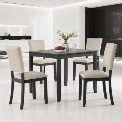 Modern 5-Piece Wooden Dining Table Set For 4, Square Dining Table With 4 Upholstered Chairs, Compact Kitchen & Dining Room Set, Antique Black + Beige