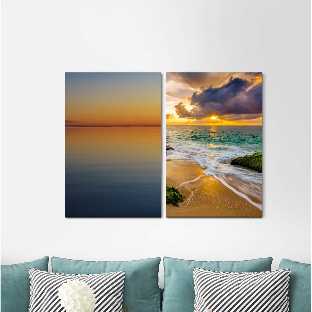 2-tlg. Leinwandbilder-Set - Grafikdruck „Sea Horizon Waves Beach Clouds Sunset Calming”