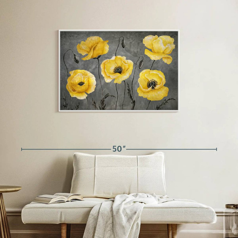 Coquelicots jaunes, Cadre flottant blanc, 37 po x 25 po