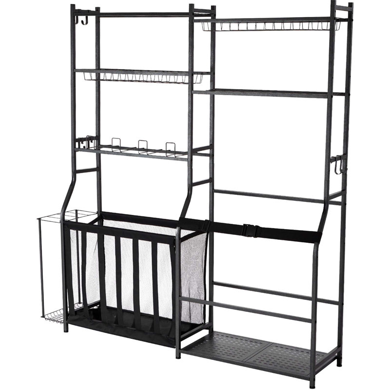 Organisateur de garage pour le golf avec 2 supports pour sacs de golf et supports pour équipements multisports, idéal pour une gestion ordonnée et efficace des équipements.