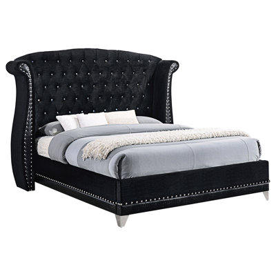 Wingback King Bed Upholstered In Black With Finished Angled Steel Legs And A Crystal Rhinestone Button Headboard For Fascinating Bedroom Wingback, Nailhead Trim, Sparkling Luxury