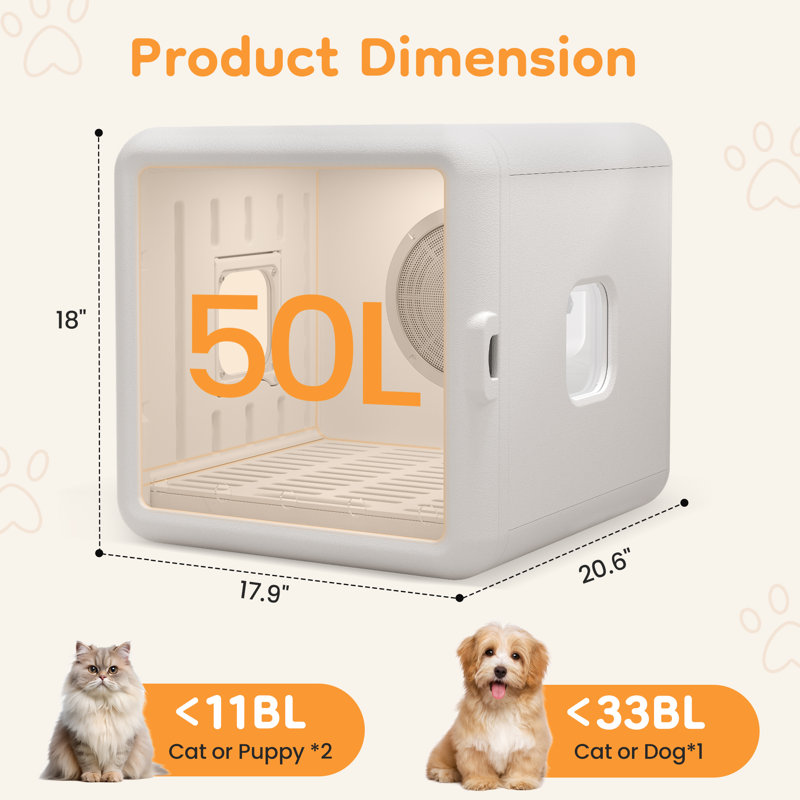 Boîte de séchage intelligente pour animaux de compagnie pour chats et petits chiens - Sécheuse silencieuse de 65 L avec souffleur d'air rapide