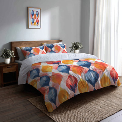 Modern Comforter Set of 6 - Scandinavian Blue And Orange Geo Ikat With Shams And Throw Pillows