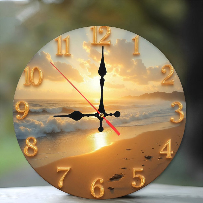Horloge murale plage coucher de soleil océan décor doré