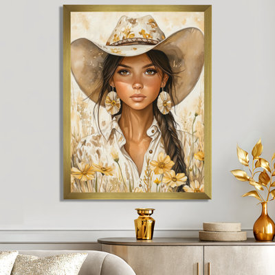 Portrait d'une cowgirl aux fleurs sauvages - Tableau encadré sur toile