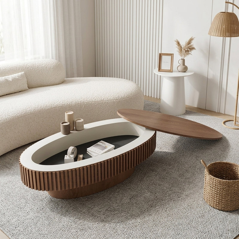Table basse ovale moderne FFZ de 47 po avec rangement dissimulé et placage de bois naturel, Dark Brown