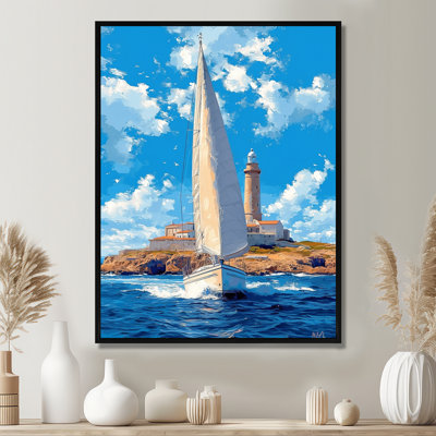 Voilier partant du phare du port, ciel bleu - bateau, art mural