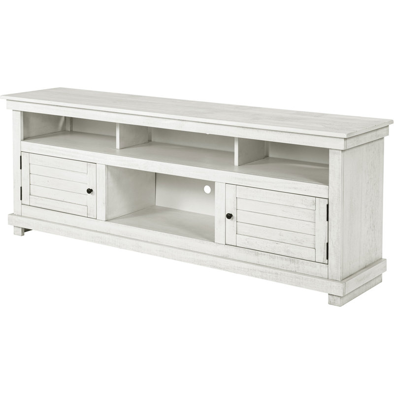 Meuble télé blanc vieilli de 70 po de largeur avec six compartiments pour organiser vos articles de divertissement et vos accessoires multimédias