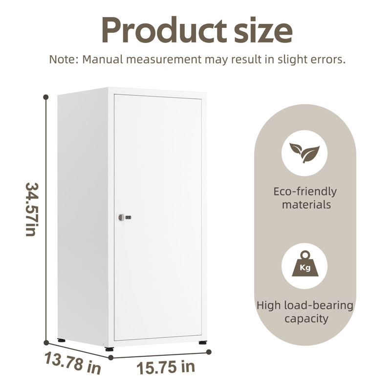 Armoire de rangement métallique autoportante blanche avec serrure à combinaison, casier en acier à une porte, 2 étagères réglables et pieds de nivellement pour la maison et le bureau