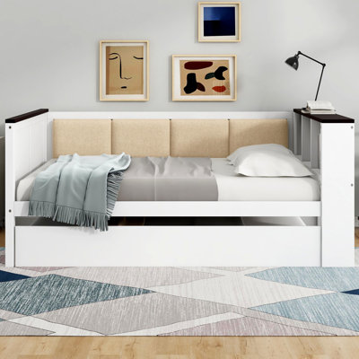 Full Size Wood Daybed With Storage Shelves, Upholstered Backrest,USB And Trundle, White
