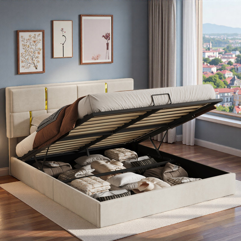 Elegant Upholstered Platform Bed With Hydraulic Storage System And Gold Lines Decoration