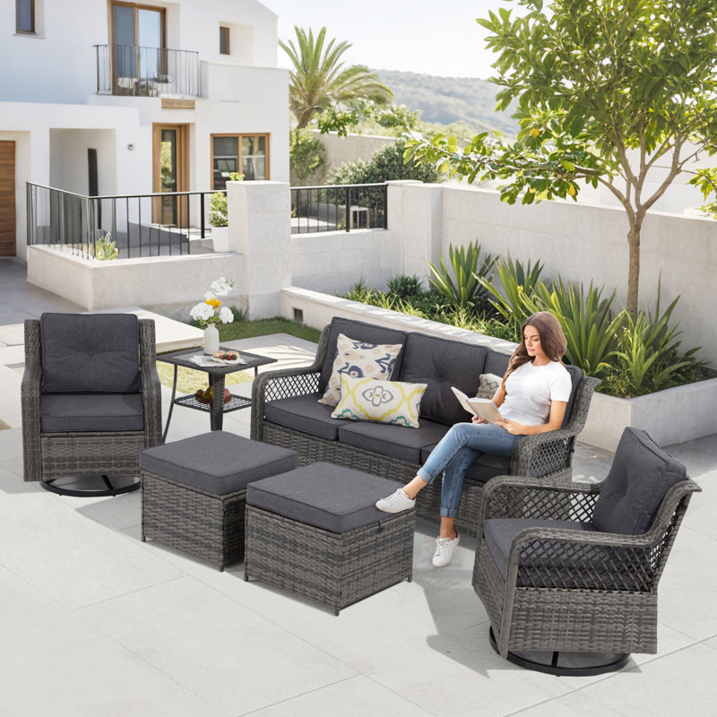 Wicker Rattan Swivel And Gliding Patio Wicker Chairs With Table (6Pcs, Beige), Gray, Dark Gray