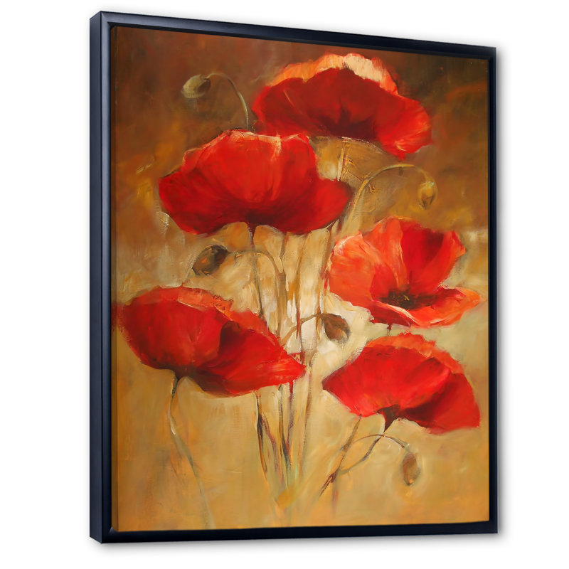 «Vintage Red Popies», peinture sur toile traditionnelle, H 32 po x l 16 po x P 1 po, Toile avec cadre flottant noir