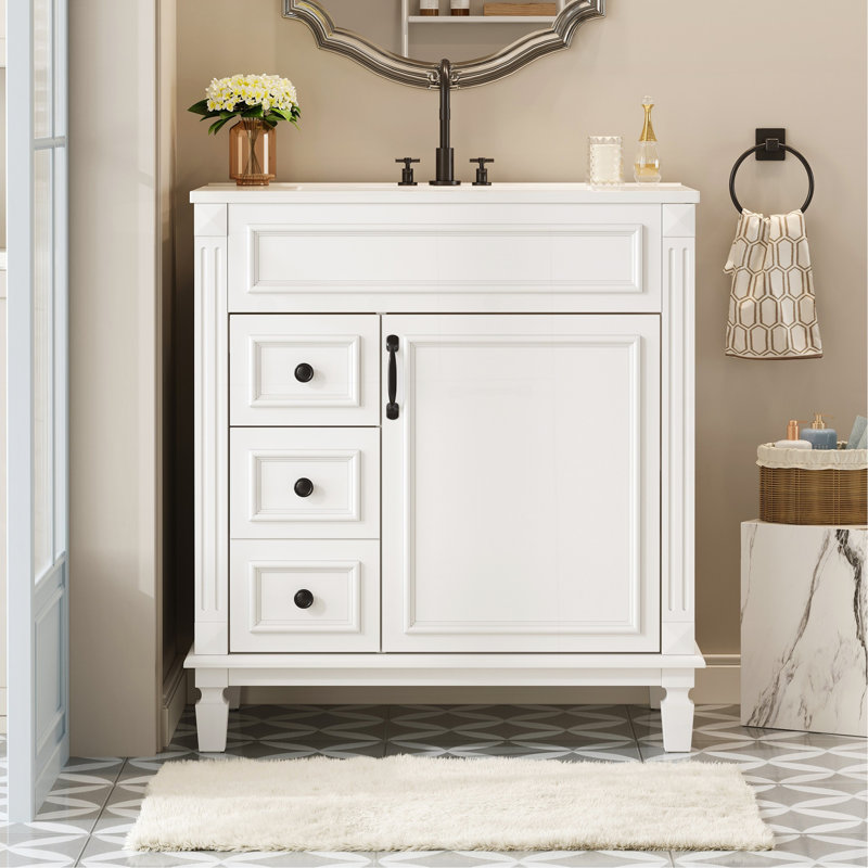 Meuble-lavabo de 30 po avec lavabo en céramique, petite armoire de salle de bain, armoire moderne avec 2 tiroirs et tablette réglable