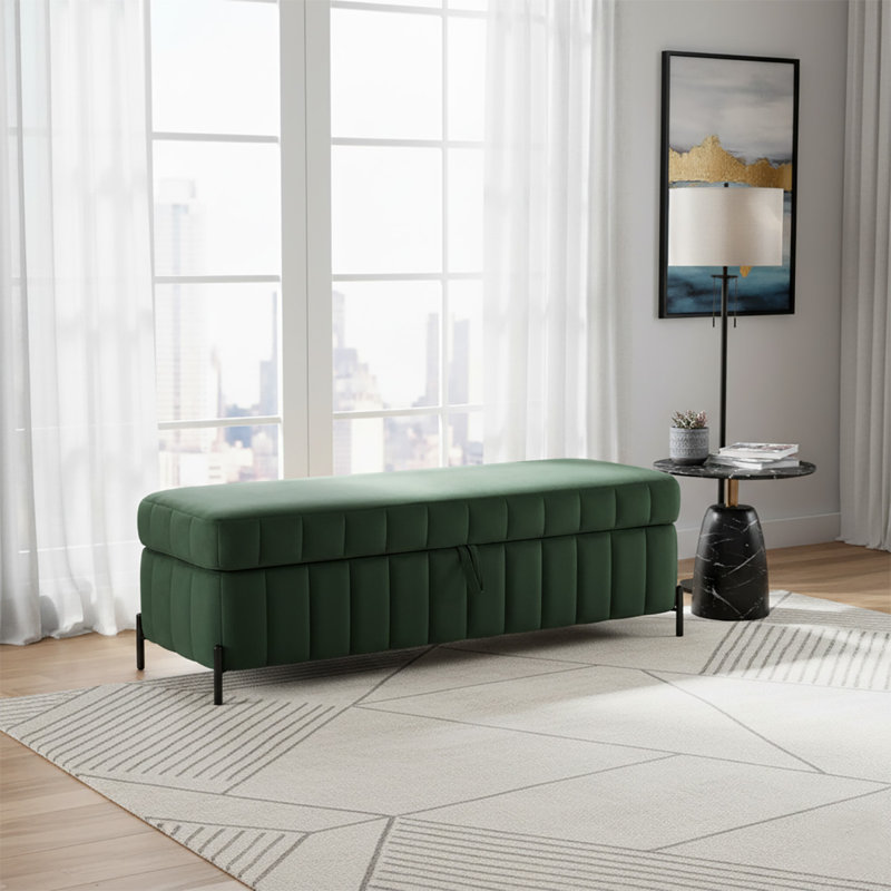 Upholstered Velvet Storage Bench with Metal Legs Ideal for Living Room, Green