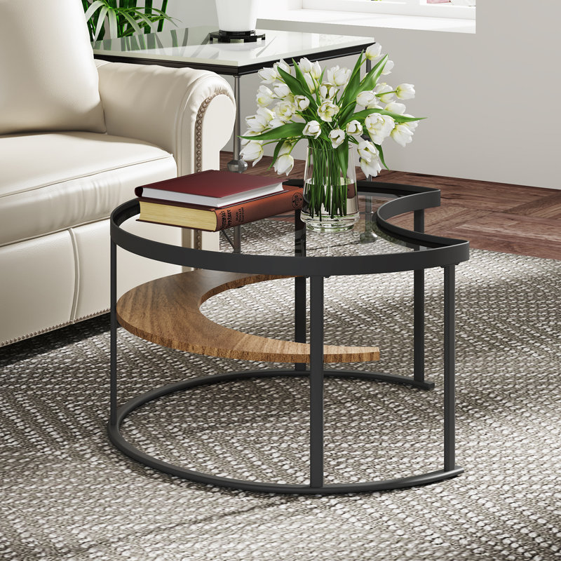 Table basse minimaliste moderne en forme de lune avec plateau en verre trempé et tablette de rangement ouverte, Noir