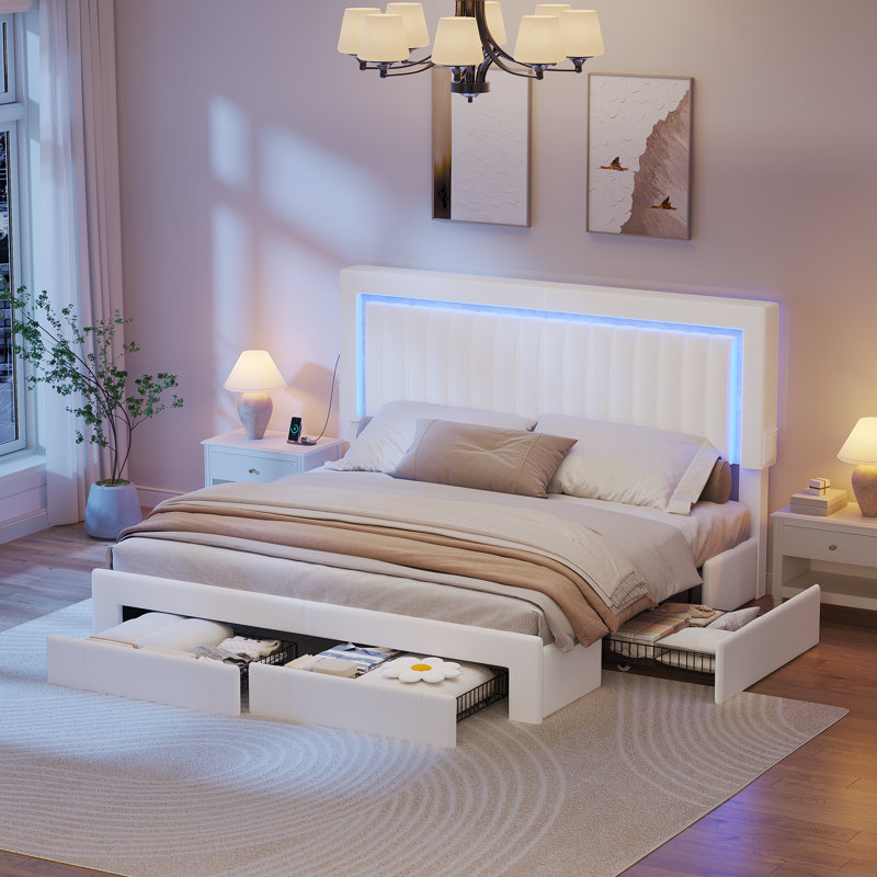 LED Adjustable Velvet Upholstered Headboard Bed Frame With 4 Storage Drawers And USB Ports, White, King