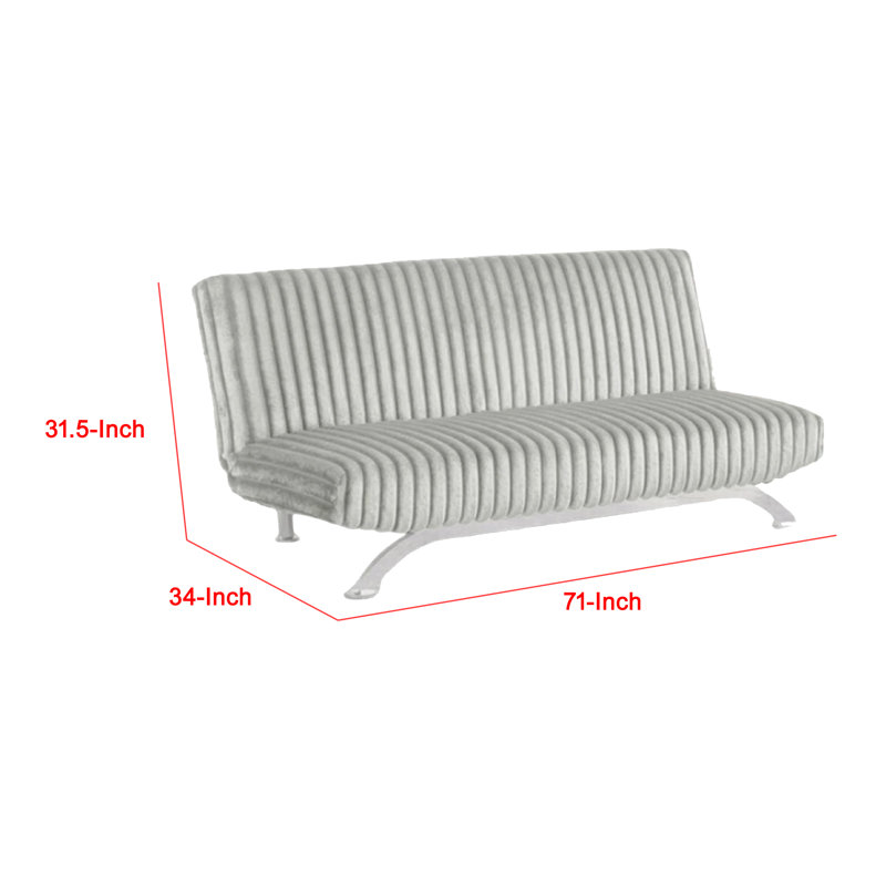 Villy Futon Sofa Bed, Chrome Metal Legs, Gray Channel Tufted Fabric, Light Gray Fabric