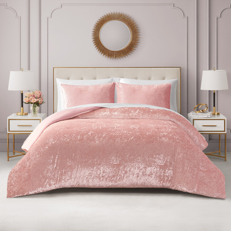 Juicy Couture Crushed Velvet Reversible Comforter & Shams Bedding Sets, Twin XL Comforter + 2 Twin Shams, Pink