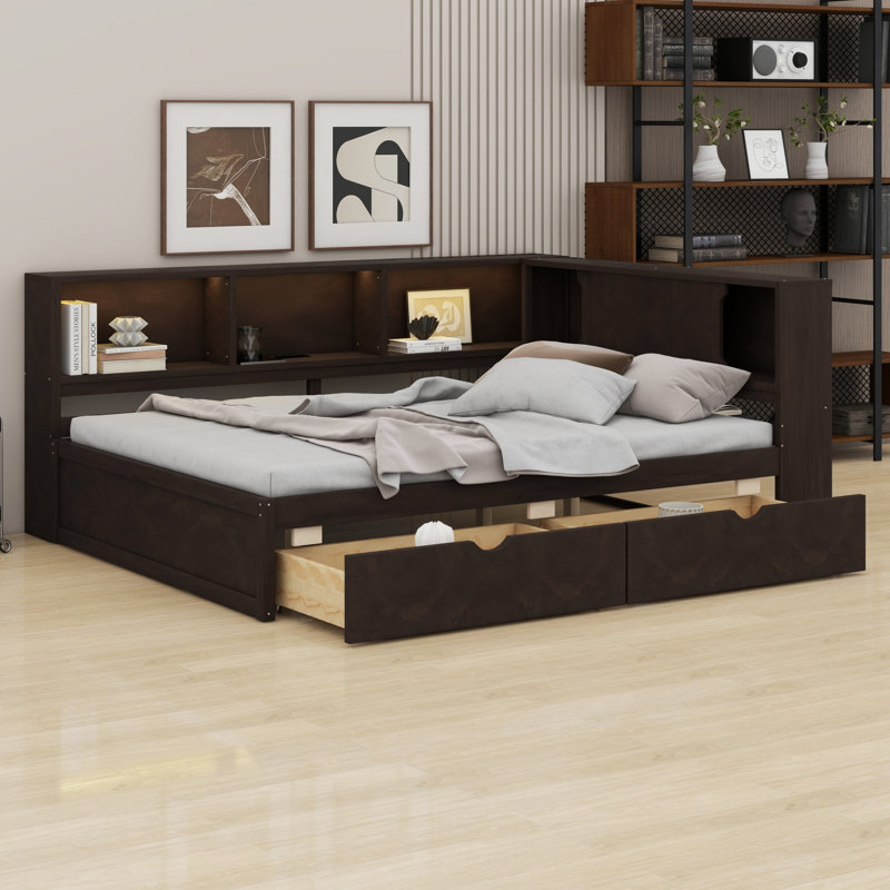 Structure de lit de jour contemporaine en bois avec éclairage DEL, chargeurs USB et tiroirs de rangement, Brown