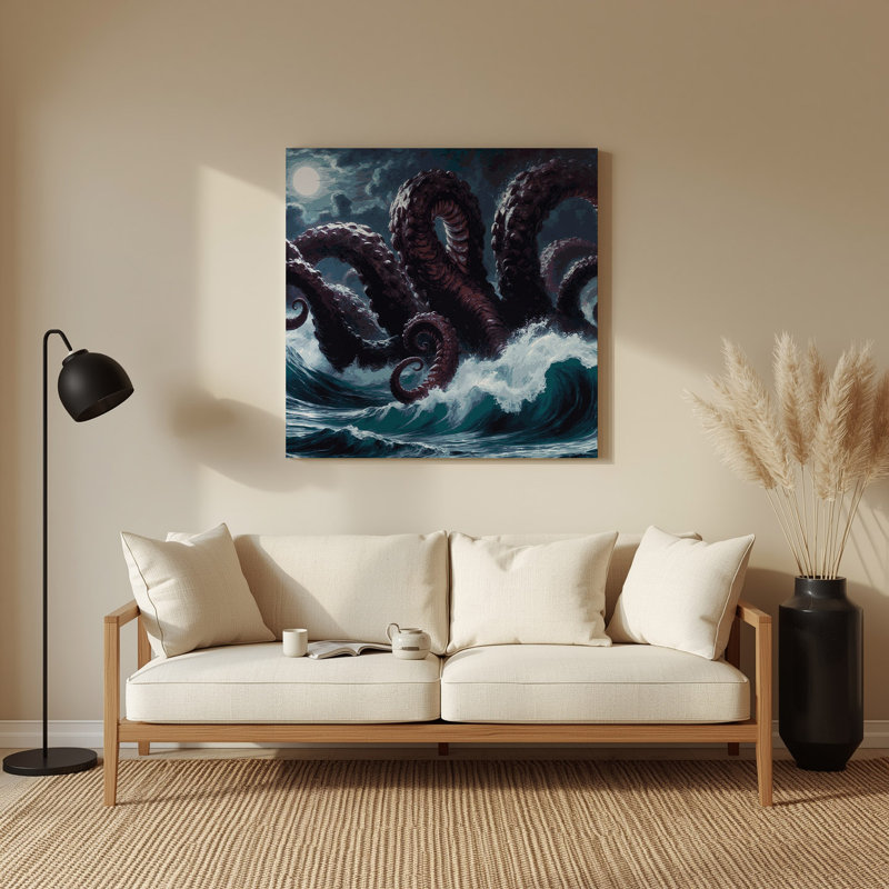 Art mural gris Sci Fi Kraken tentacules sortant de l'océan