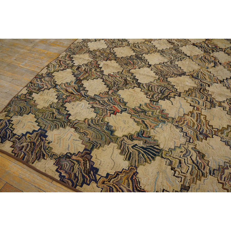 Antique Square Allover Geometric American Folk Art Hooked Rug
