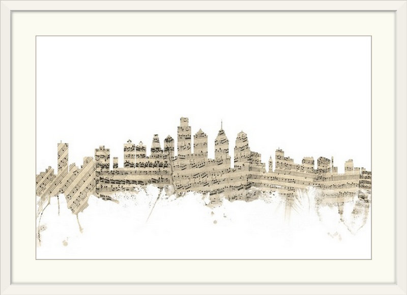 «Philadelphia Pennsylvania Skyline Partition Cityscape» par Francy, impression, H 28 po x l 38 po x P 1 po, Cadre blanc