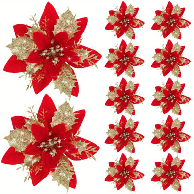 25Pcs Artificial Poinsettias 5.7 Inch Christmas Glitter Flowers With Clips Xmas Tree Flower Ornament Poinsettias Decor DIY Xmas Wreath Holiday Wedding Home Party Decor
