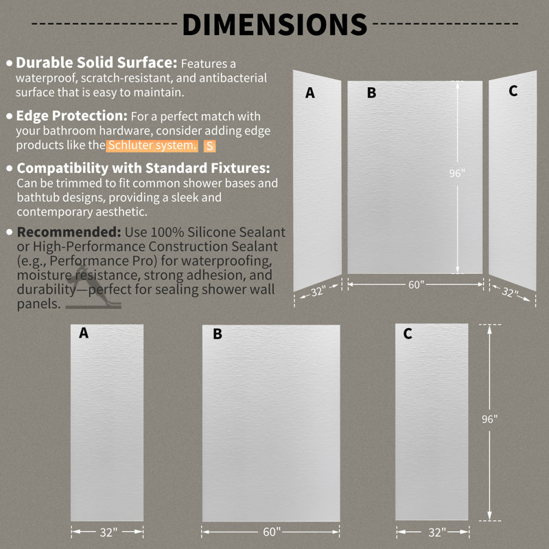 60" W 96" H Three Wall Composite Shower Wall Panel Surround - Seamless 60" Back Wall, 96" H x 60" W x 32" D