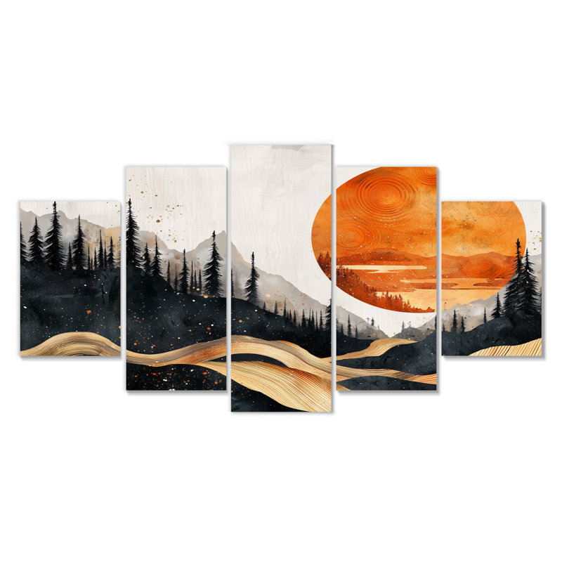 «Sunrise Forest In Marble Field Landscape I», art mural forêt - ensemble d'art mural traditionnel 5 pièces
