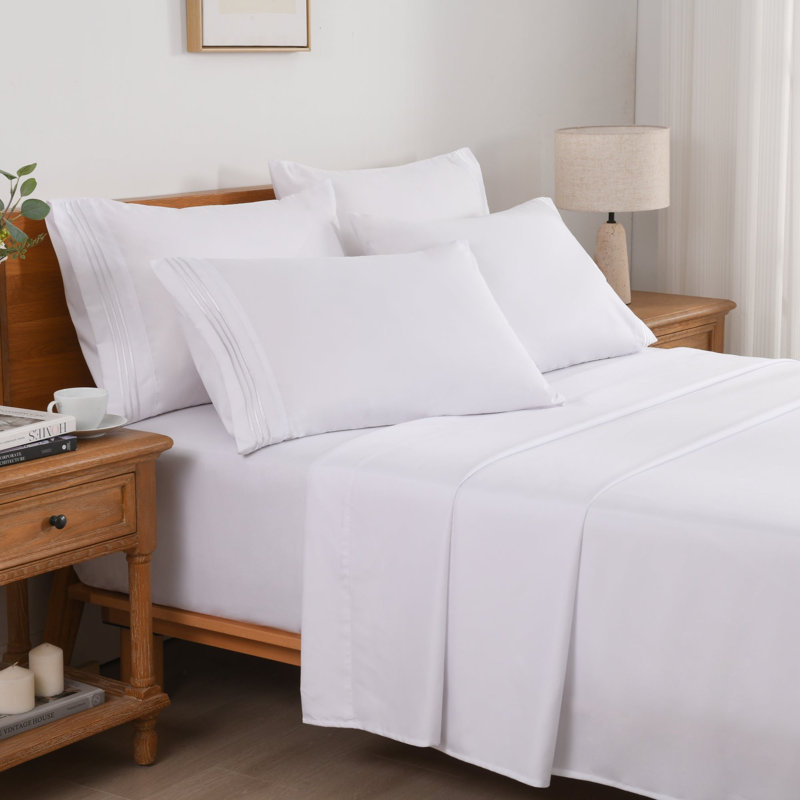 4/6 Pcs Soft Solid & Embroidery Bed Sheets Set, White, Queen