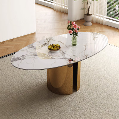 70.9-Inch Sintered Stone Oval Dining Table Copper-Coloured Stainless Steel Base Unique Leg Design