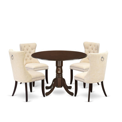 5 Piece Dining Room Set Contains a Round Kitchen Table with Dropleaf and 4 Padded Chairs, Mahogany