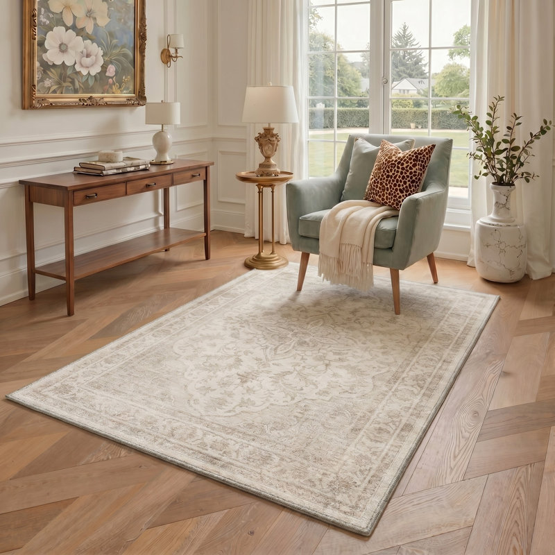 Tapis oriental ivoire / beige lavable à la machine avec envers antidérapant, Rectangle 6 pi x 9 pi