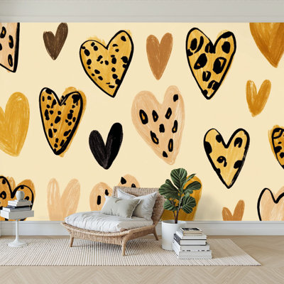 Peel and Stick Wallpaper 144" W x 100" H Modern Self Adhesive Wall Mural for Bedroom Cheetah Print Leopard Boho Modern Heart Fun Funky Hearts Leopard Spots