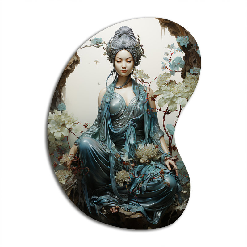 Bleu sarcelle art bouddhiste beige Bodhisattva Compassion, H 31 po x l 22 po x P 1 po