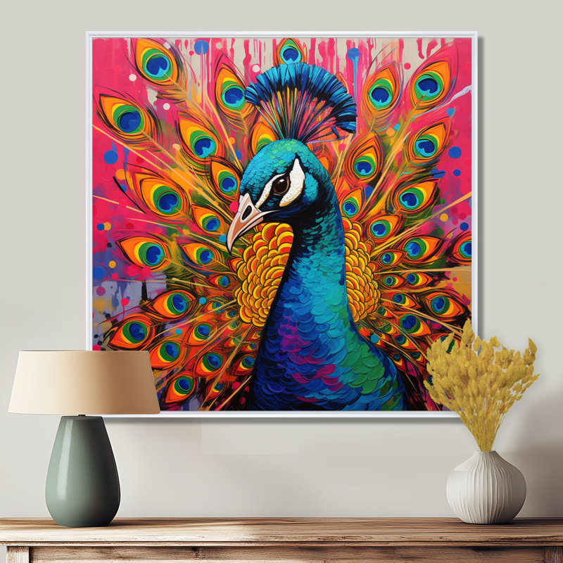 Bleu sarcelle, Pop Art, paon - paon, art mural sur toile, H 24 po x l 24 po x P 1 po, Cadre flottant blanc