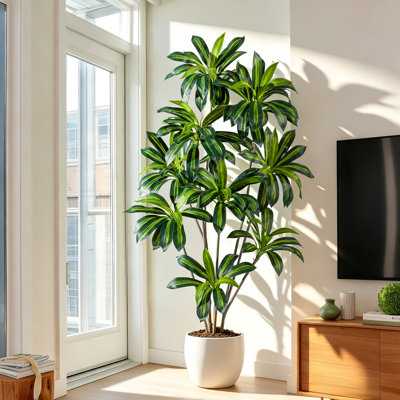 Arbre artificiel Dracaena de 2,13 m de haut avec pot blanc, plante d'intérieur réaliste résistante aux UV avec feuilles rayées, idéale pour le salon, la chambre à coucher, le bureau et la décoration intérieure et extérieure. Cadeau parfait pour l'Halloween, Noël ou Thanksgiving.