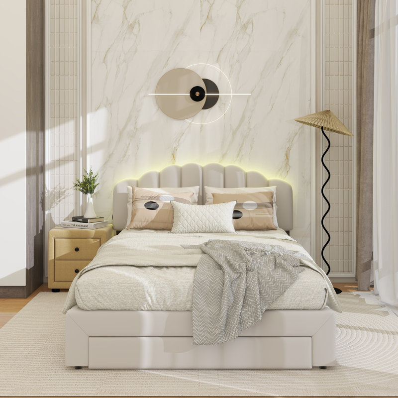 Teddy Fleece Queen Size Upholstered Platform Bed With Drawer, Beige