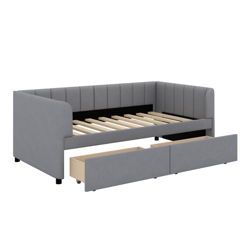 Twin Size Upholstered Daybed With Drawers, Gray