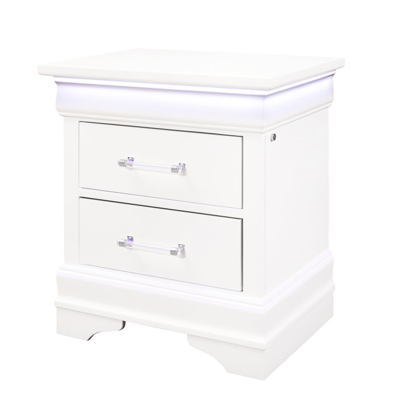 Table de chevet blanche spacieuse avec DEL - 2 tiroirs en bois massif + apparence de meuble