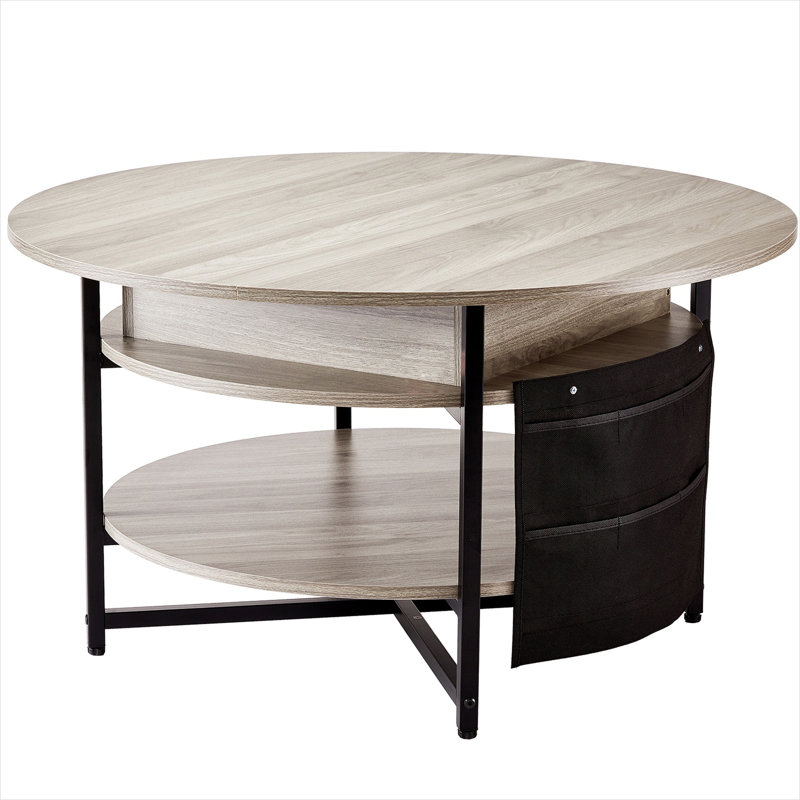 Table basse ronde à plateau relevable avec tiroirs de rangement et compartiment caché, gris ardoise, 35,3 po